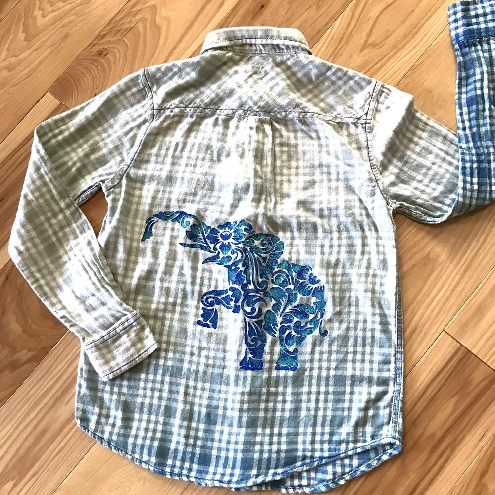 Upcycled Bleached Flannel Shirt, Hand Painted Elephant Top Green Blue Medium